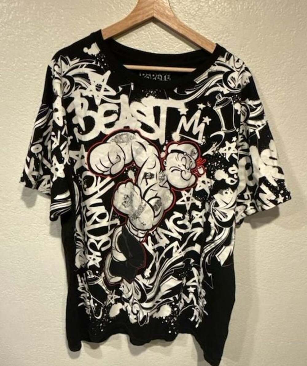 Popeye T-Shirt Size 3XL Black Graffiti Beast Savage All Over Print